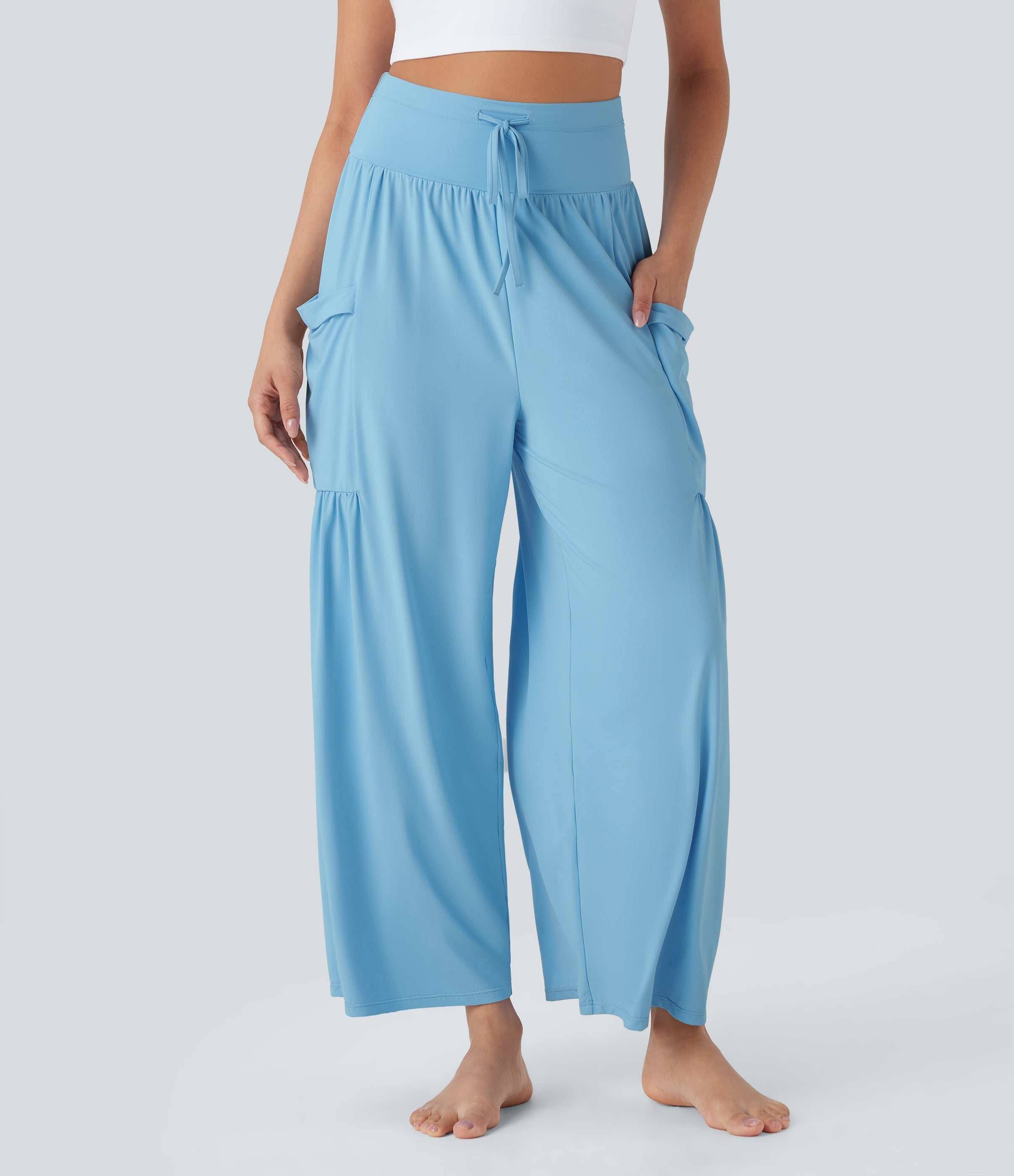 SoCinched High Waisted Tummy Control Drawstring Wide Leg Cool Touch Yoga Pants with Pockets-UPF50+