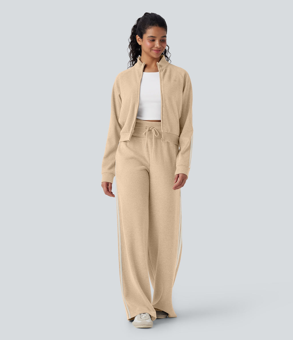 2026🔥 Ribbed SoCinched High Waisted Tummy Control Drawstring Wide Leg Color Block Casual Trousers with Pockets