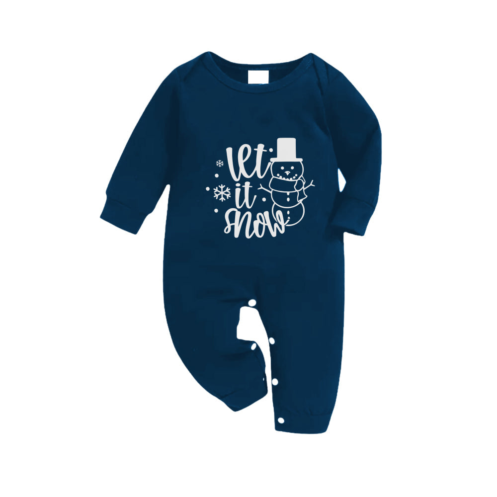 Christmas Family Matching Pajamas-Navy & Sky Blue Plaid Pjs Set with "Let It Snow" and Snowman Cartoon Print