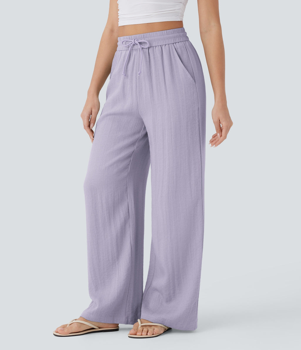 Women Summer High Waisted Drawstring Pocket Wide Leg Casual Linen-Feel Pants