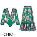 Green Grape Blossom Tropical Vineyard V-Neck Long Sleeves Swimsuit & Skirt