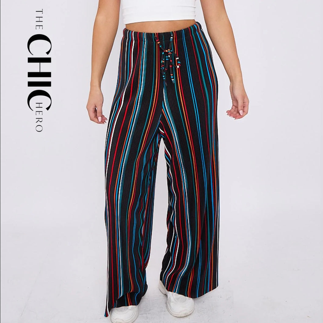 Black Stripe Abstract Print Wide-Leg Drawstring Palazzo Pleated Pants CORE(0XL-XL)