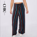 Black Stripe Abstract Print Wide-Leg Drawstring Palazzo Pleated Pants XXPLUS(6XL+)