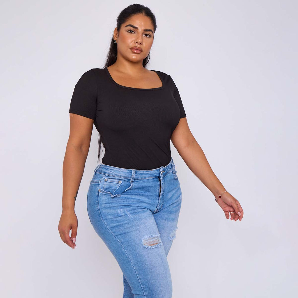 ChicHero Black Square Neck Short Sleeve T Shirt Bodysuit