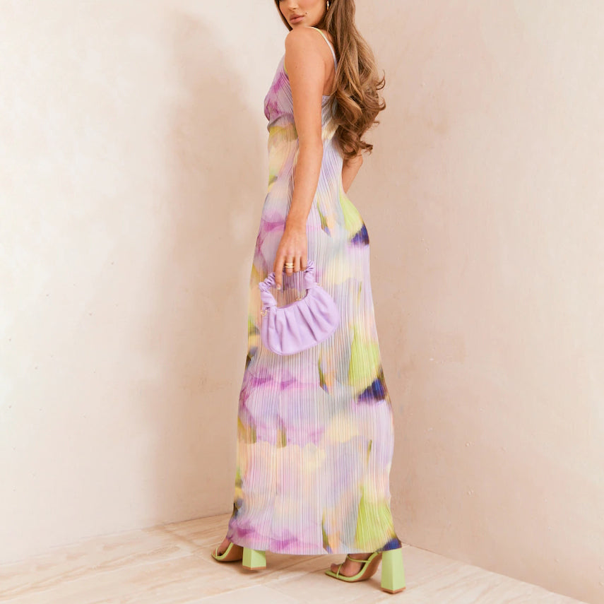 Multi Watercolour Plisse Strappy Maxi Dress