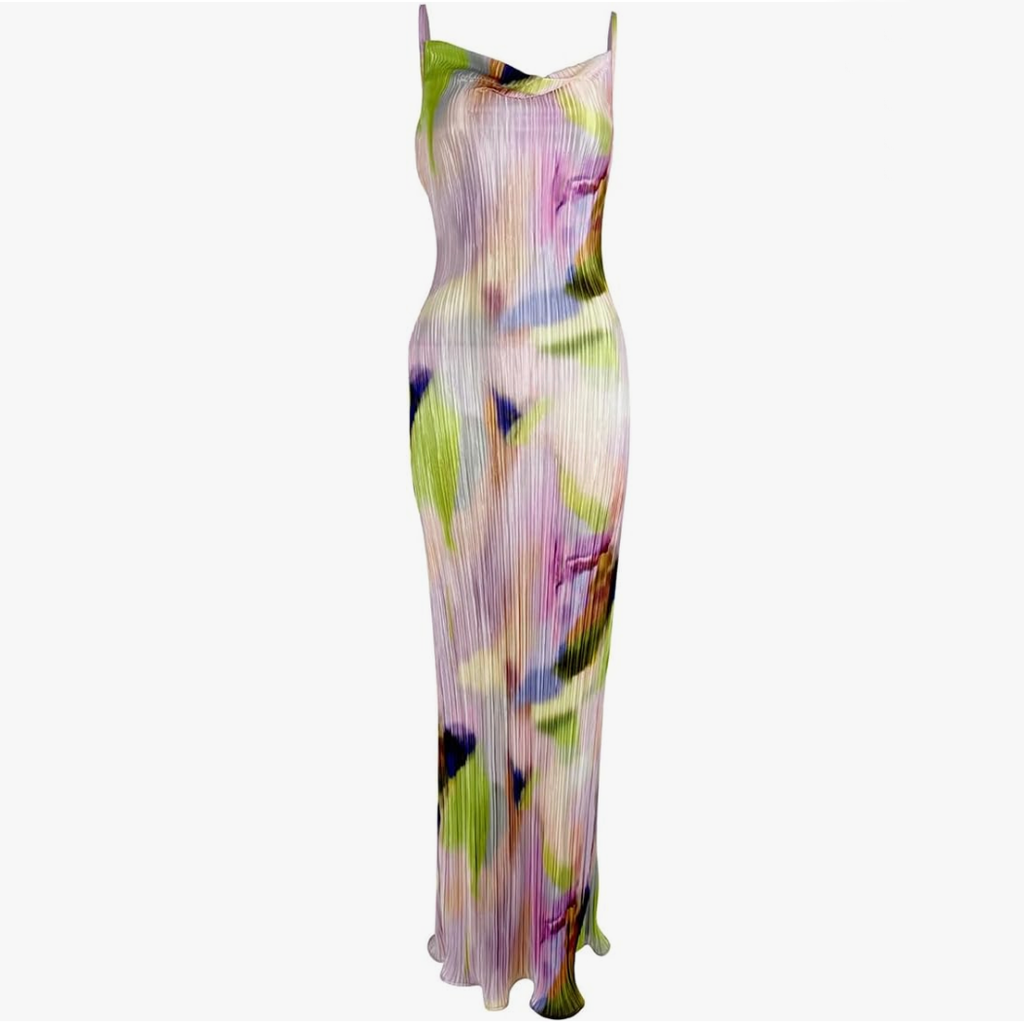 Multi Watercolour Plisse Strappy Maxi Dress