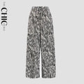 Black Zebra Abstract Print Wide-Leg Drawstring Palazzo Pleated Pants