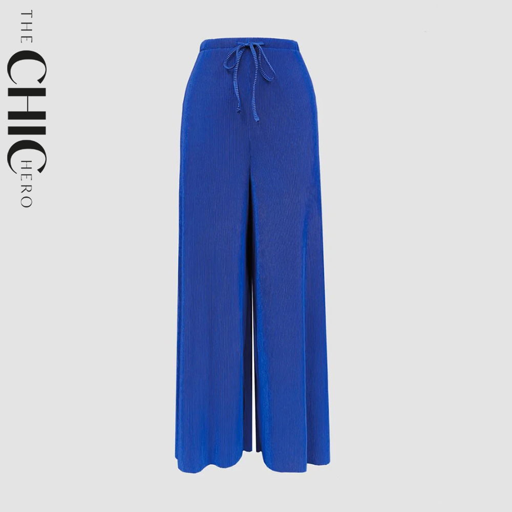 Blue Color Wide-Leg Drawstring Palazzo Pleated Pants