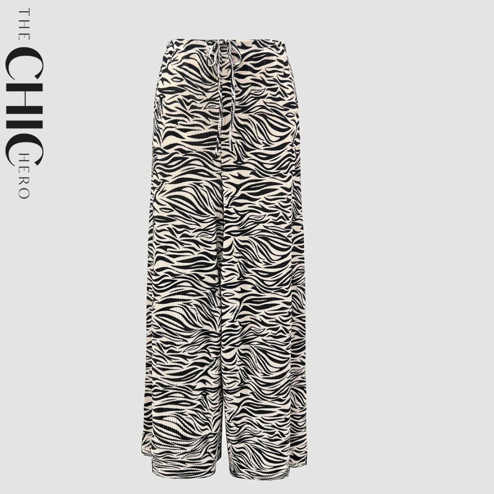 Messy Stripe Abstract Print Wide-Leg Drawstring Palazzo Pleated Pants