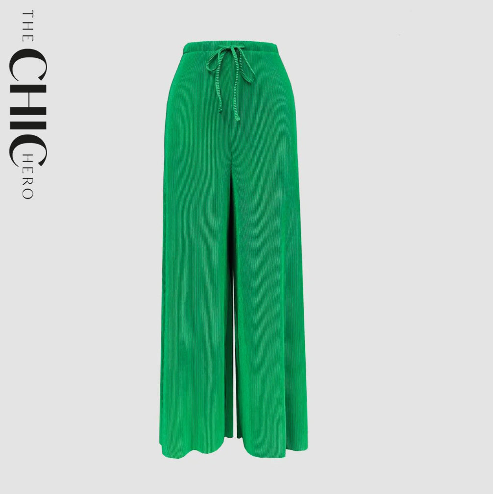 Green Wide-Leg Drawstring Pants Palazzo Pleated Pants