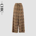 Brown Leopard Wide-Leg Drawstring Palazzo Pleated Pants