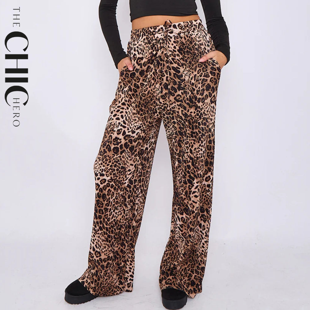 Brown Leopard Wide-Leg Drawstring Pants With Pockets