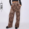 Brown Leopard Wide-Leg Drawstring Pants With Pockets