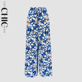 Blue Abstract Print Wide-Leg Drawstring Palazzo Pleated Pants