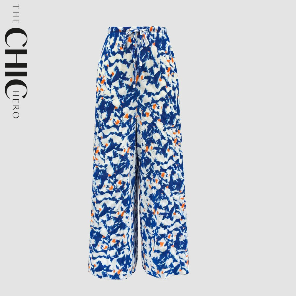 Blue Abstract Print Wide-Leg Drawstring Palazzo Pleated Pants