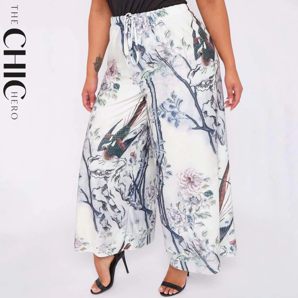 Bird Chinese style Abstract Print Wide-Leg Drawstring Pants Palazzo Pleated Pants