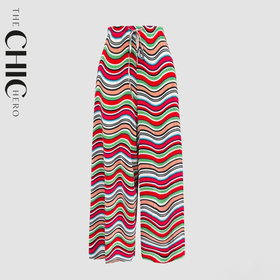 Multi Abstract Print Wide-Leg Drawstring Palazzo Pleated Pants