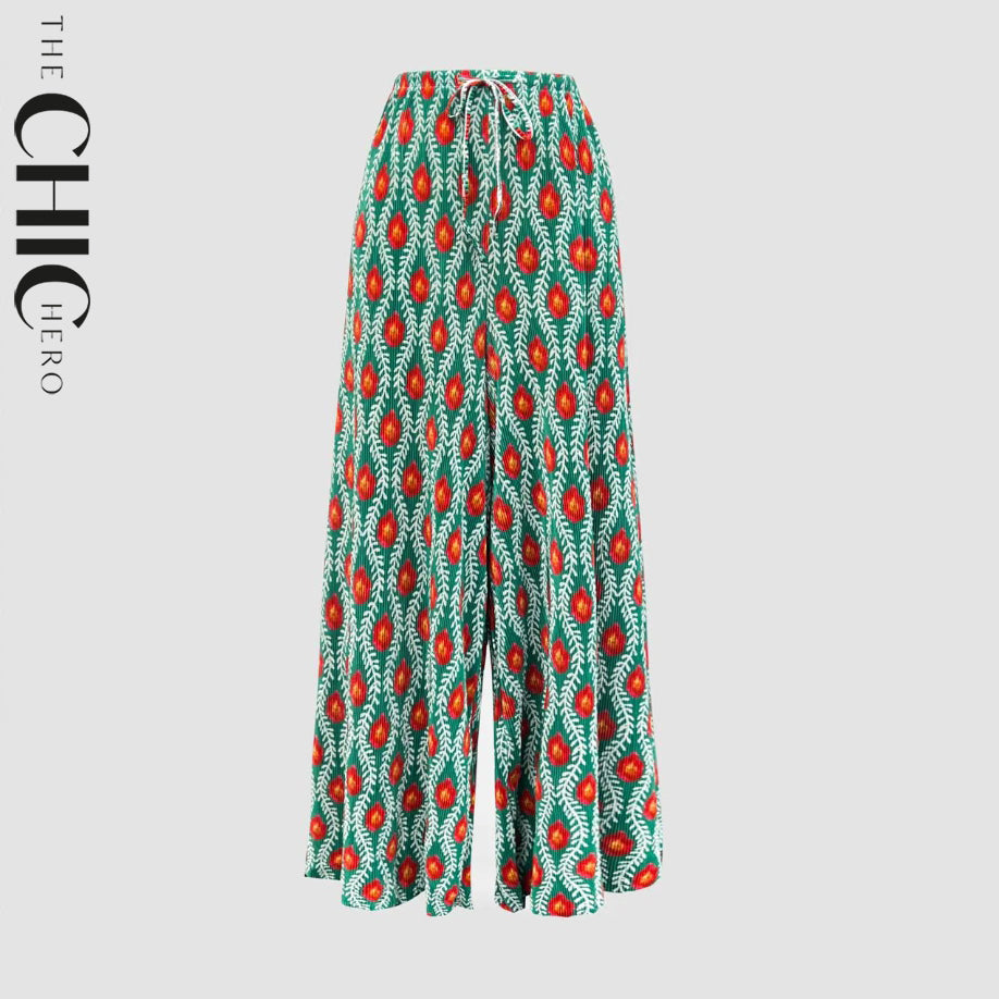 Flame Abstract Print Wide-Leg Drawstring Palazzo Pleated Pants