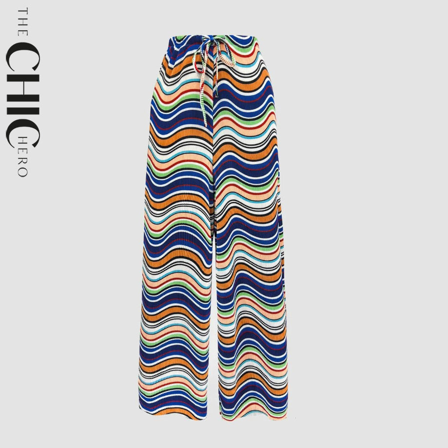 ChicHero Multi Abstract Print Wide-Leg Drawstring Palazzo Pleated Pants