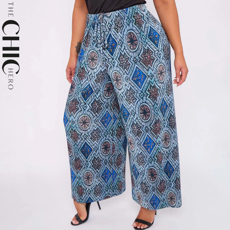 Geometric Patterns Abstract Print Wide-Leg Drawstring Pants Palazzo Pleated Pants