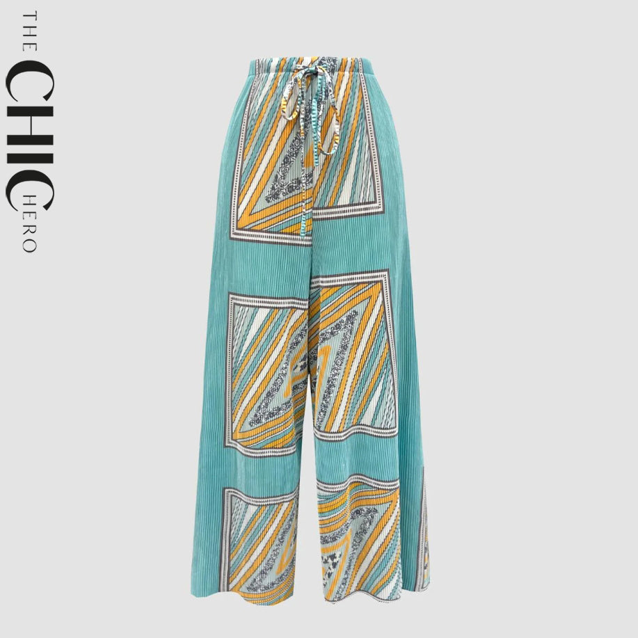 Bohemian Green Abstract Print Wide-Leg Drawstring Palazzo Pleated Pants