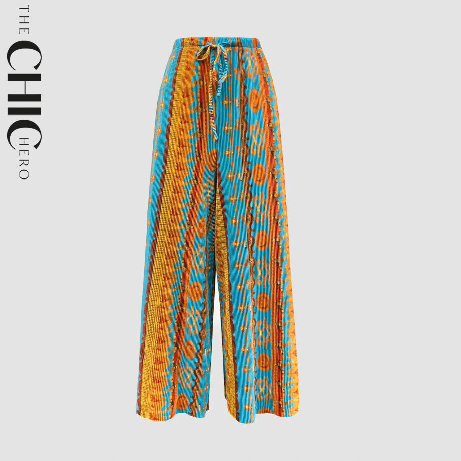Bohemian Abstract Print Wide-Leg Drawstring Palazzo Pleated Pants