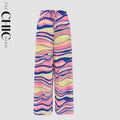 Tie-dye Wave Abstract Print Wide-Leg Drawstring Palazzo Pleated Pants