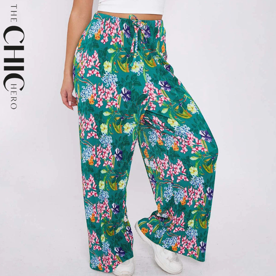 Multicolor Bloom Flower Print Abstract Wide-Leg Drawstring Palazzo Pleated Pants