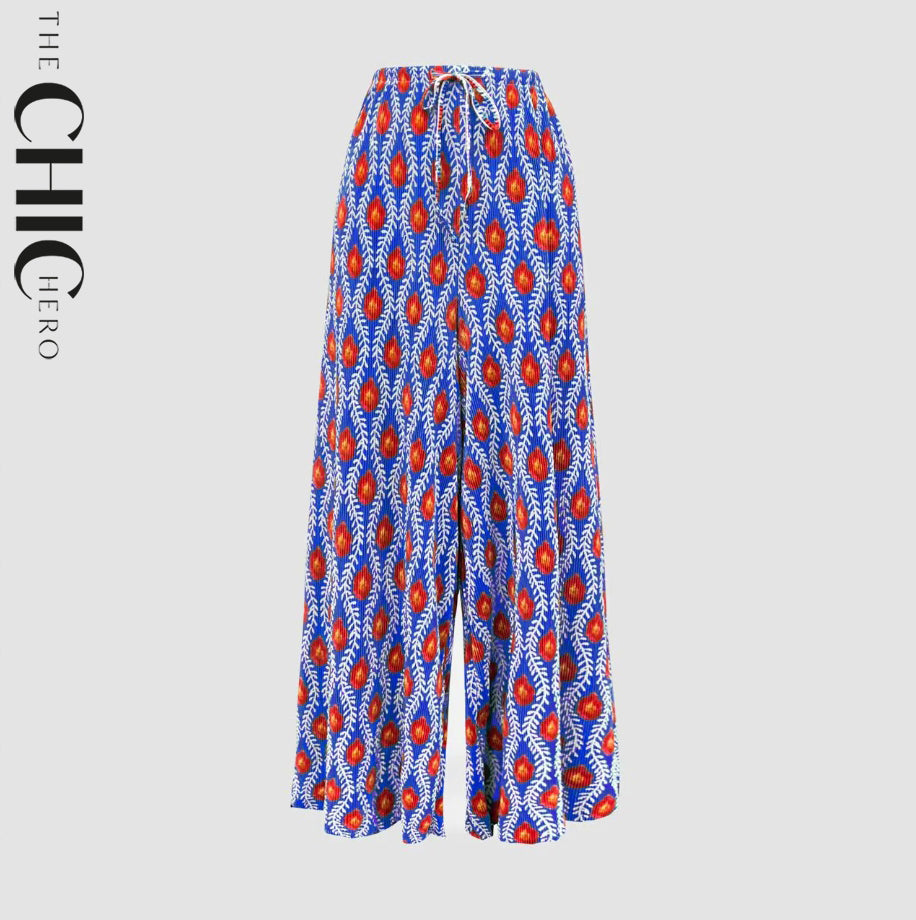 Blue Flame Abstract Print Wide-Leg Drawstring Palazzo Pleated Pants