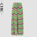 Green Curve Abstract Print Wide-Leg Drawstring Palazzo Pleated Pants