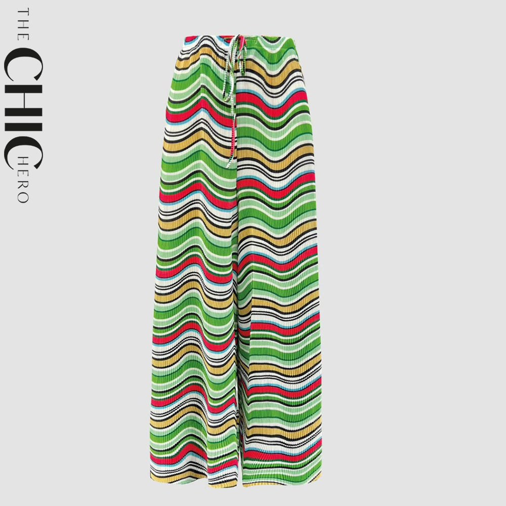 Green Curve Abstract Print Wide-Leg Drawstring Palazzo Pleated Pants