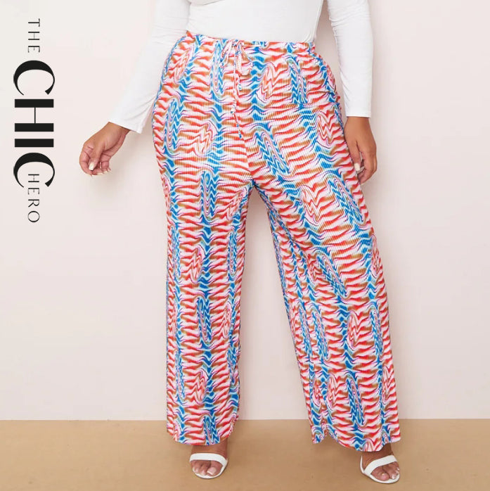 Curved Stripes Abstract Print Wide-Leg Drawstring Palazzo Pleated Pants