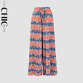 Curve Pattern Abstract Print Wide-Leg Drawstring Palazzo Pleated Pants