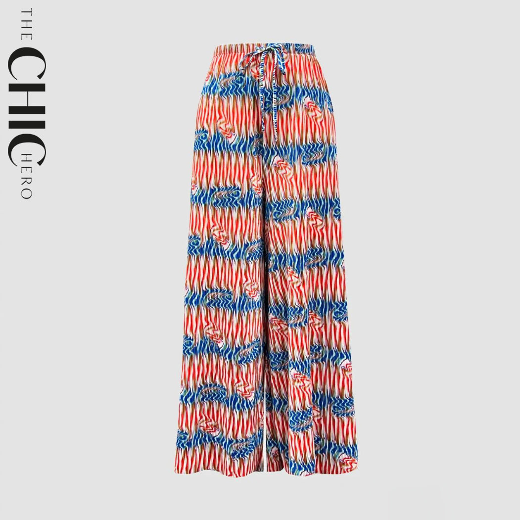 Curve Pattern Abstract Print Wide-Leg Drawstring Palazzo Pleated Pants