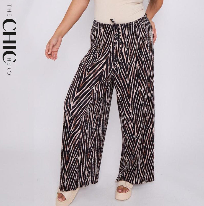 Brown Zebra Abstract Print Wide-Leg Drawstring Palazzo Pleated Pants