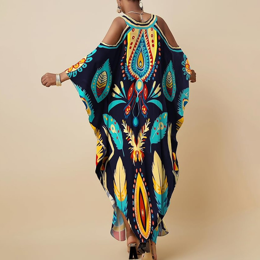 Bohemian Feather Print Maxi Kaftan Dress
