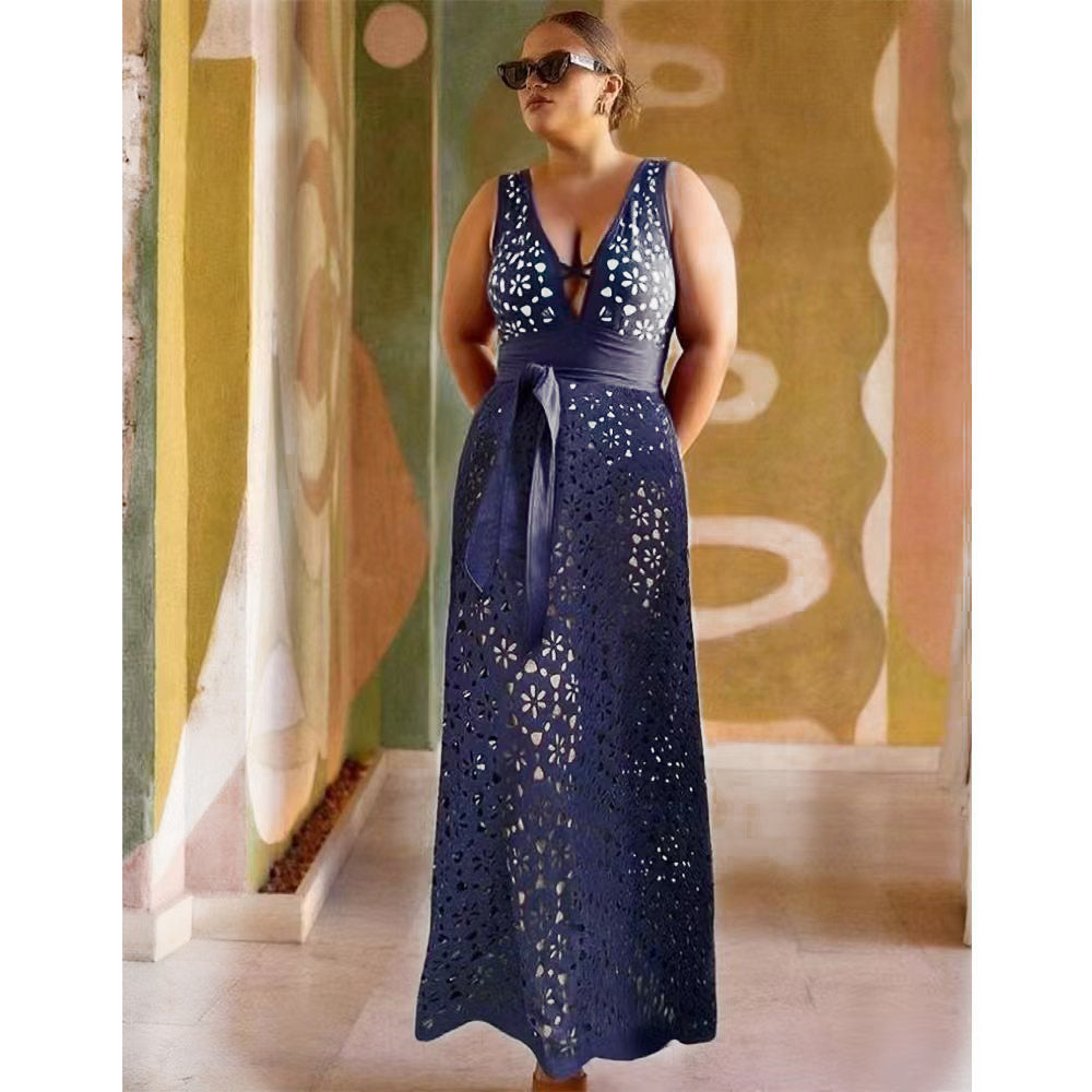 Navy Blue Petal Print Hollow One-Piece V Neck Swimsuit&Skirt