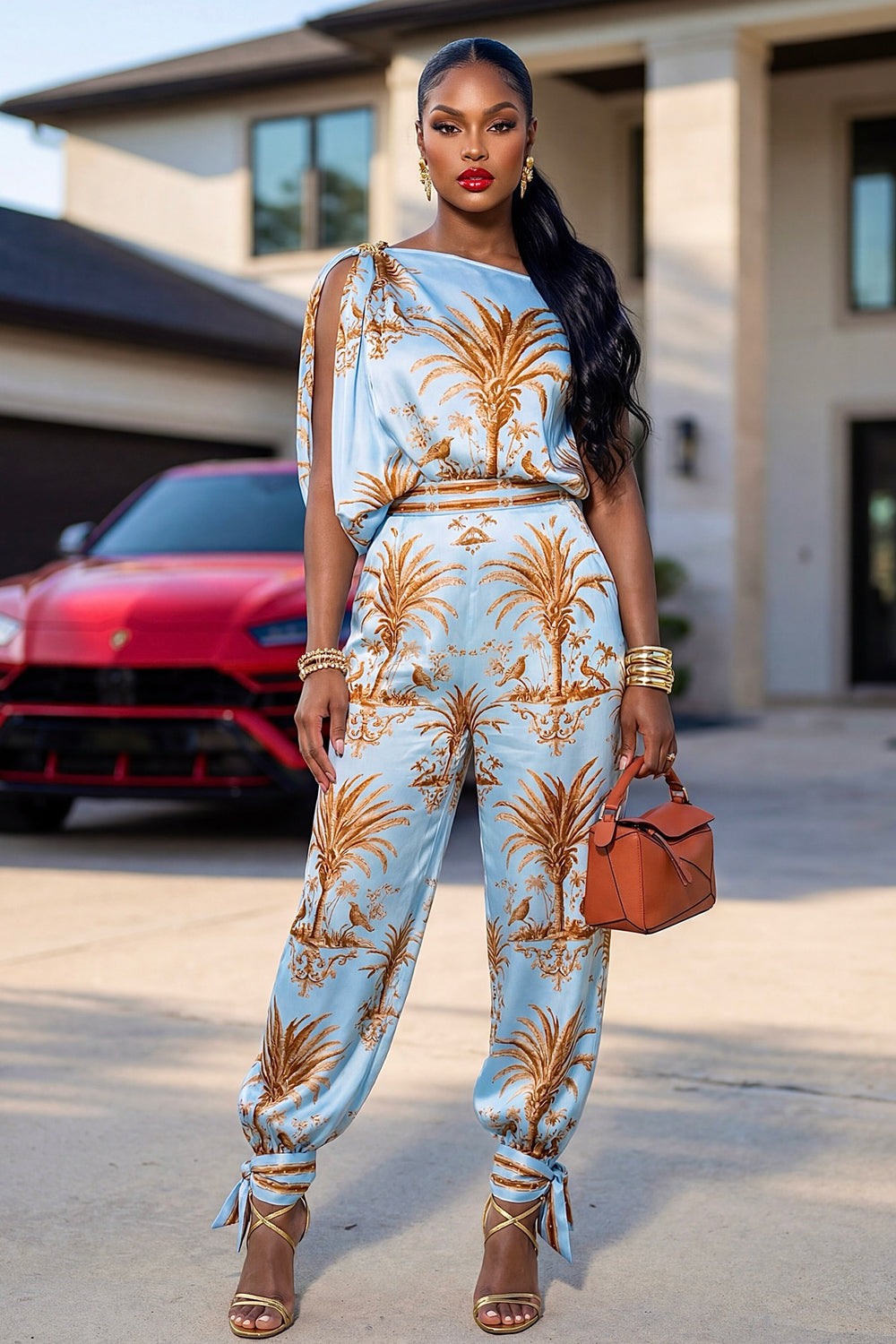 Floral One Shoulder Sleeveless Top Cuffed Pants 2pcs Set-Blue