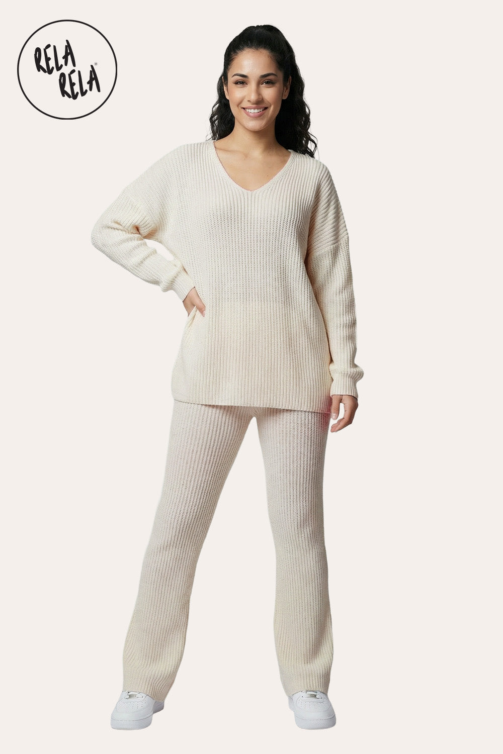 Longline V-Neck Knitted Jumper & Flared Trousers Lounge Set in Beige