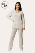 Longline V-Neck Knitted Jumper & Flared Trousers Lounge Set in Beige