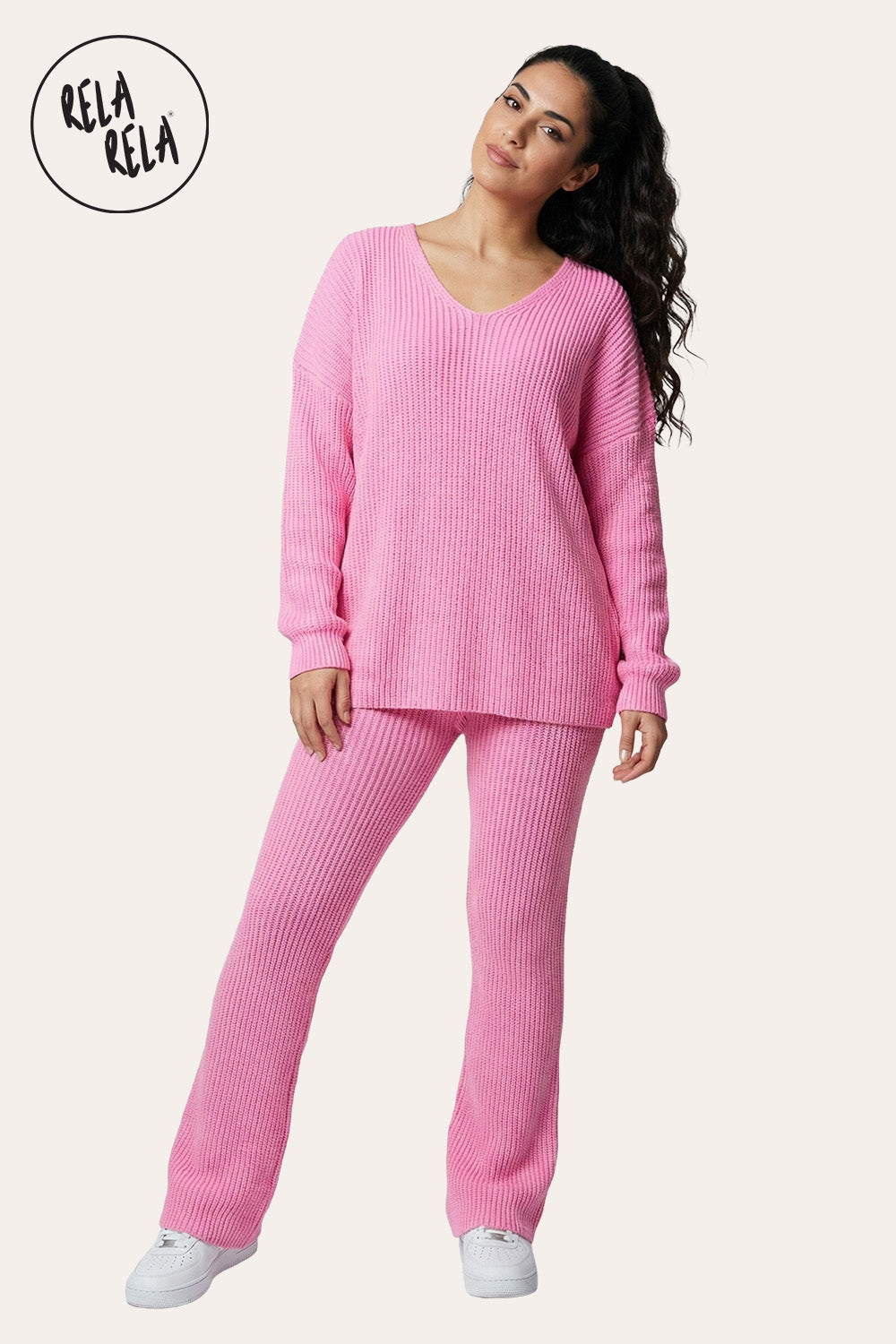 Longline V-Neck Knitted Jumper & Flared Trousers Lounge Set in Pink