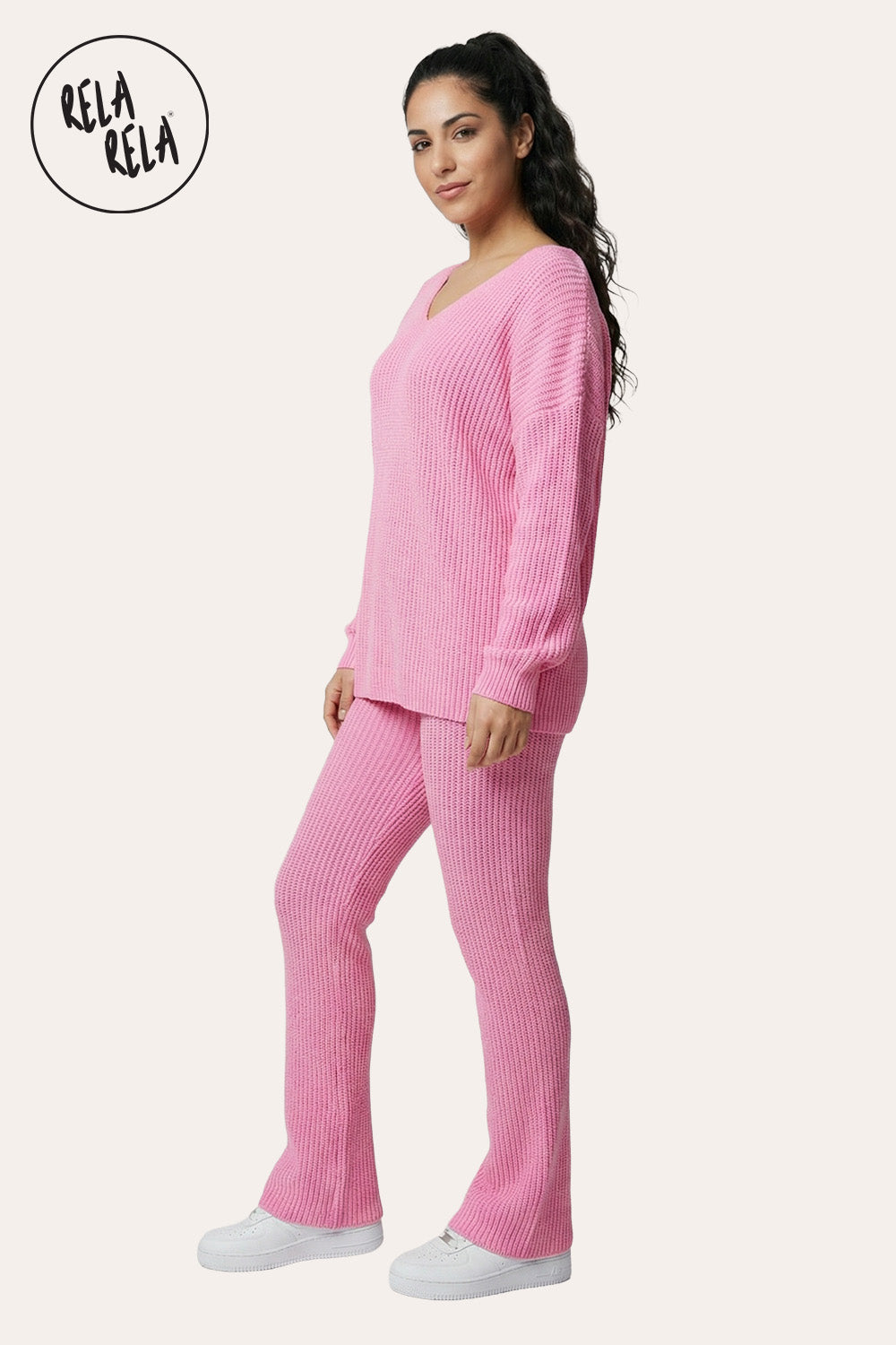 Longline V-Neck Knitted Jumper & Flared Trousers Lounge Set in Pink
