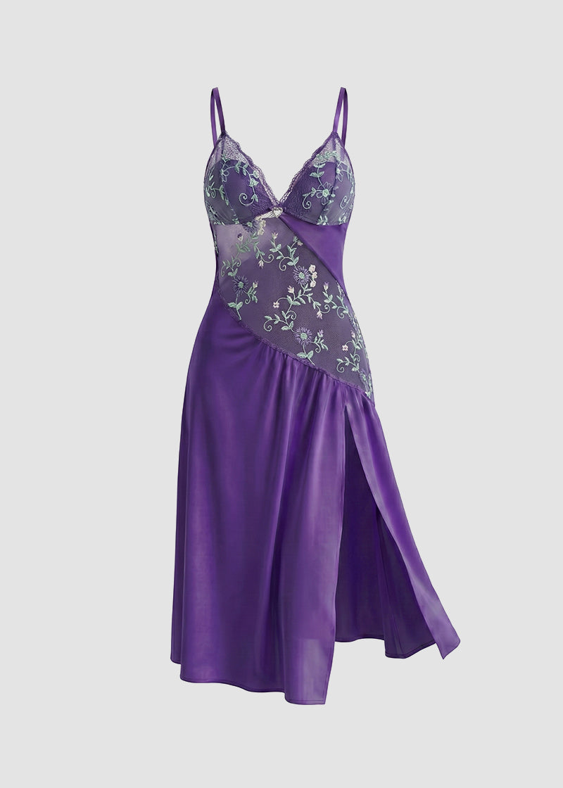 Sexy Sheer Mesh Nightgown – Floral Embroidery Babydoll
