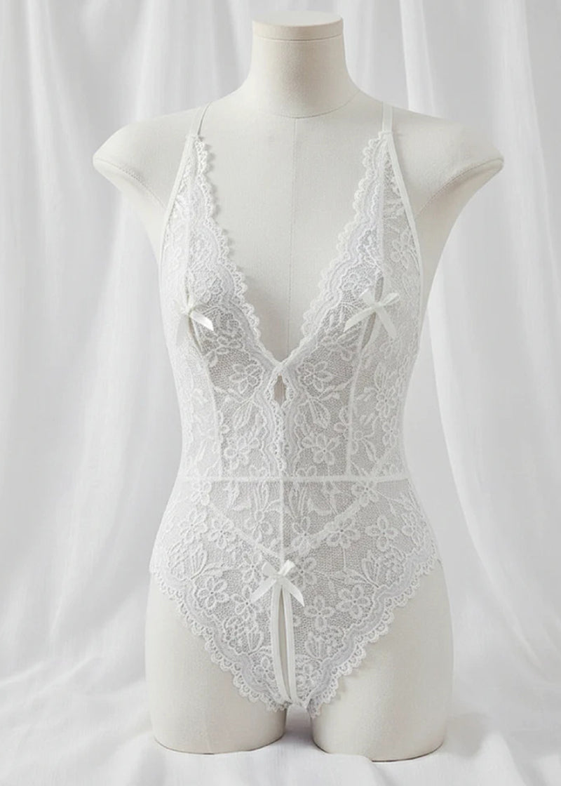 Bridal Whisper Halter Lace Crotchless Teddy