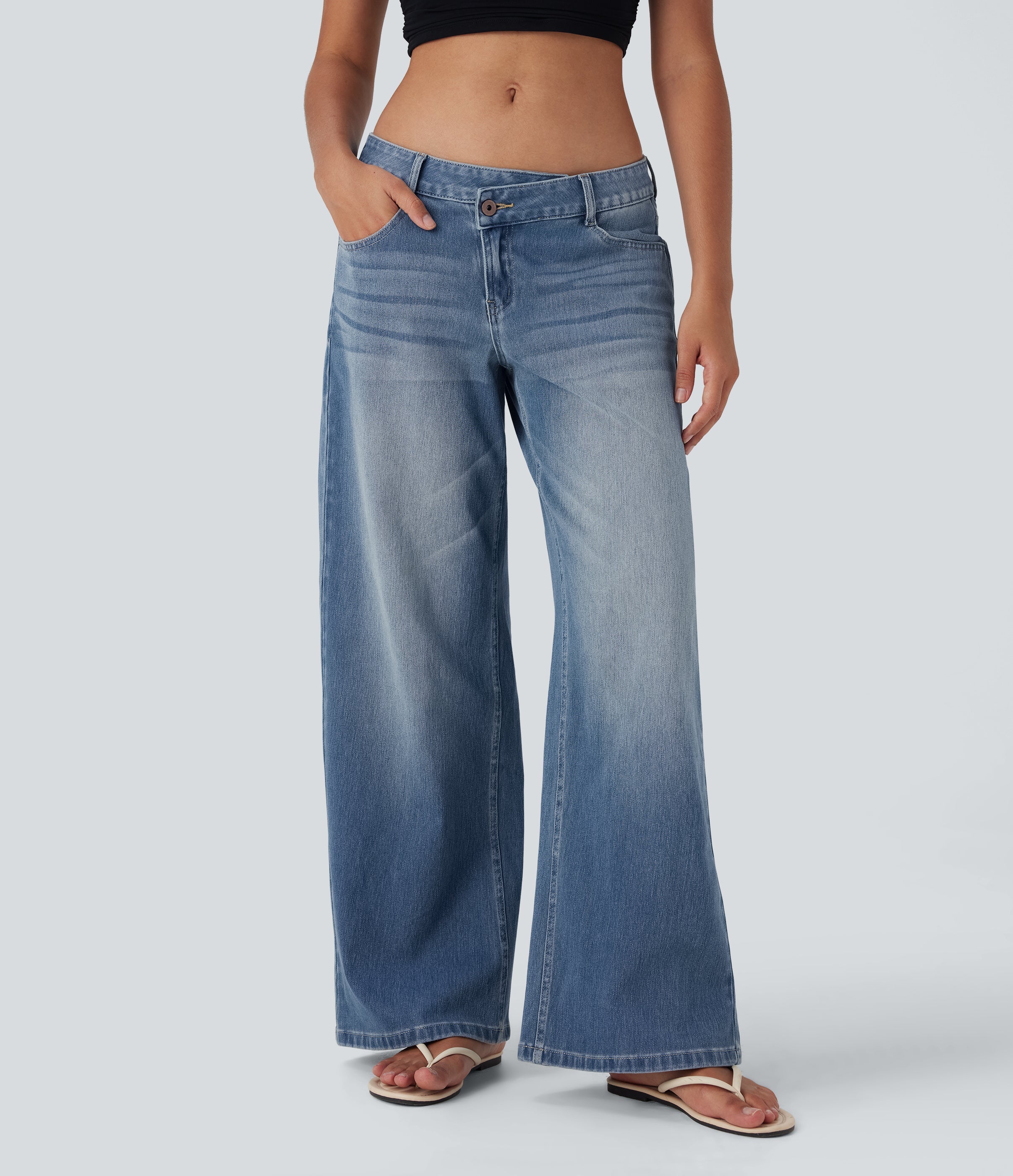 FlexTM Asymmetric Low Rise Zipper Pockets Baggy Wide Leg Washed Casual Jeans