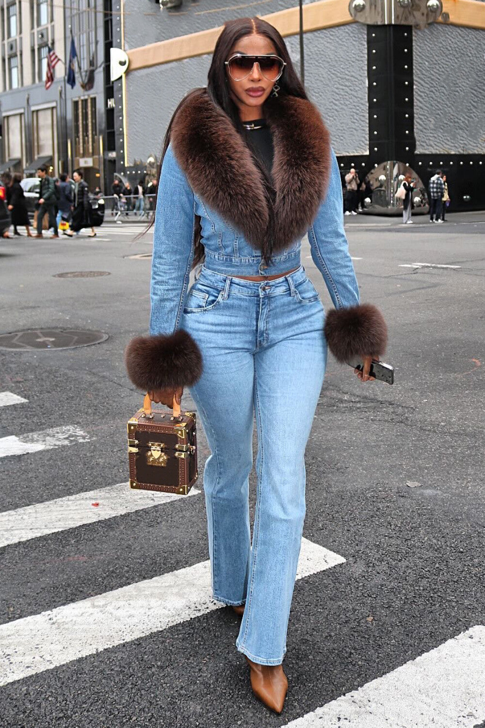 Faux Fur Patchwork Jacket Jeans Casual Denim Matching Set-Blue