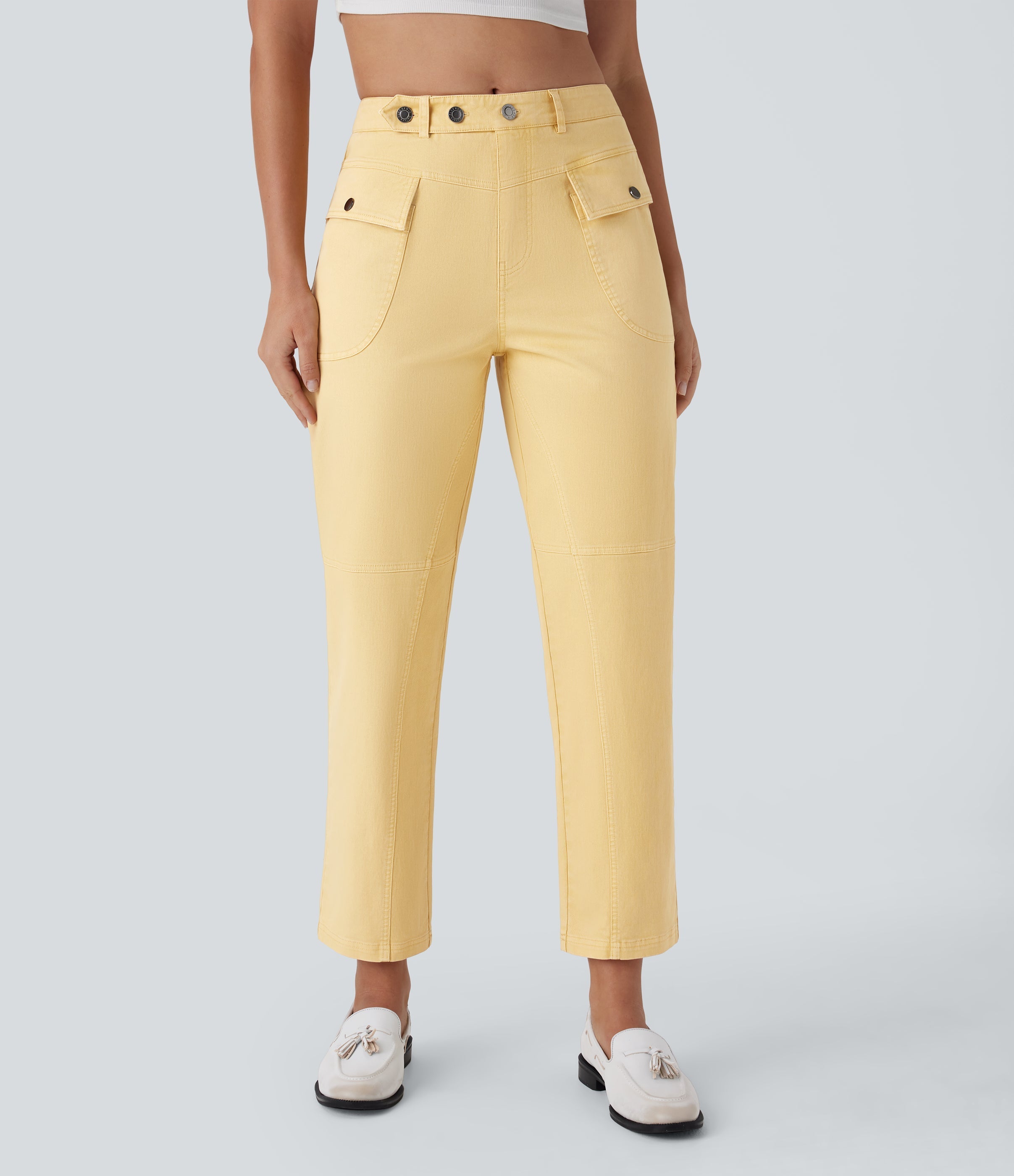 Mid Rise Straight Leg Cargo Casual Cotton Pants with Pockets