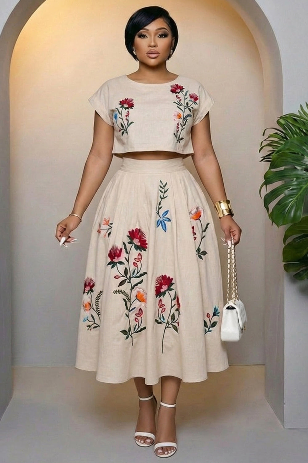 Floral Round Neck Short Sleeve Top Maxi Skirt 2pcs Set-Beige