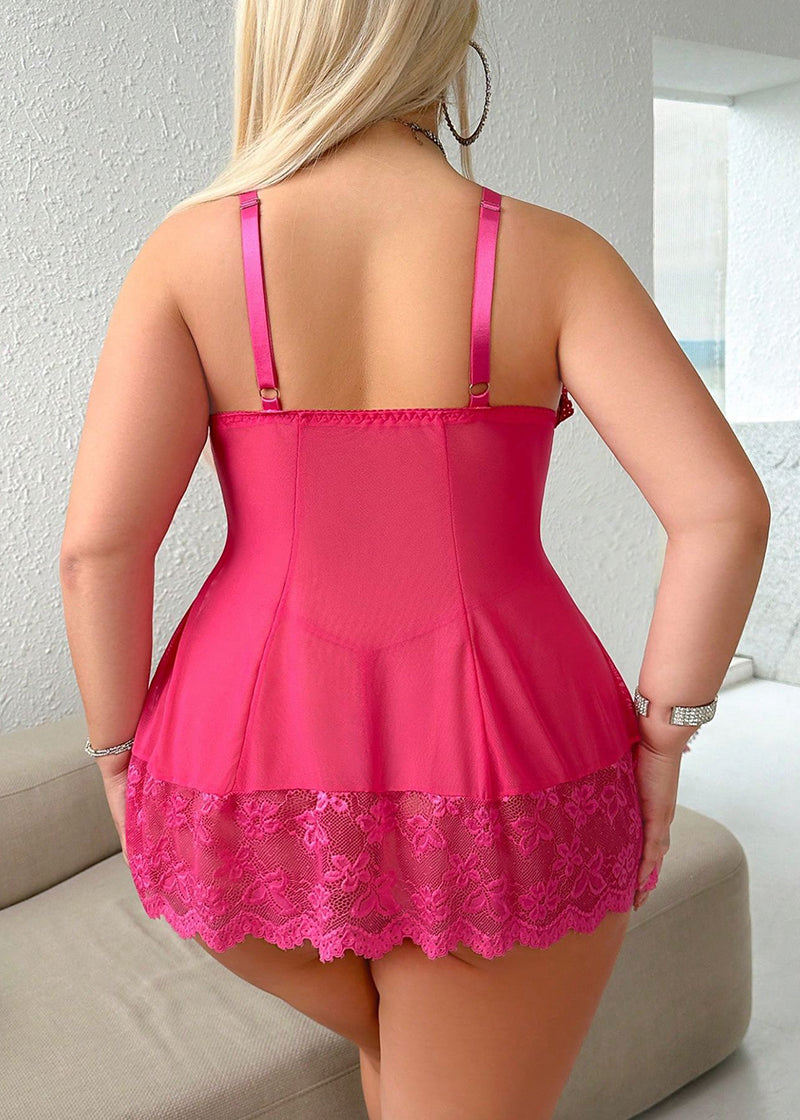 Plus Size Sexy Lace Hollow See-Through Camisole Sleepwear Set