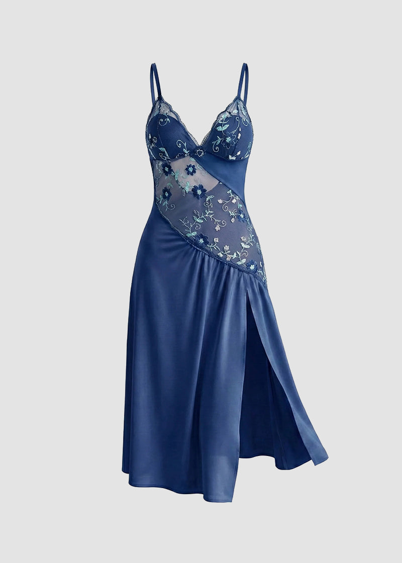 Sexy Sheer Mesh Nightgown – Floral Embroidery Babydoll